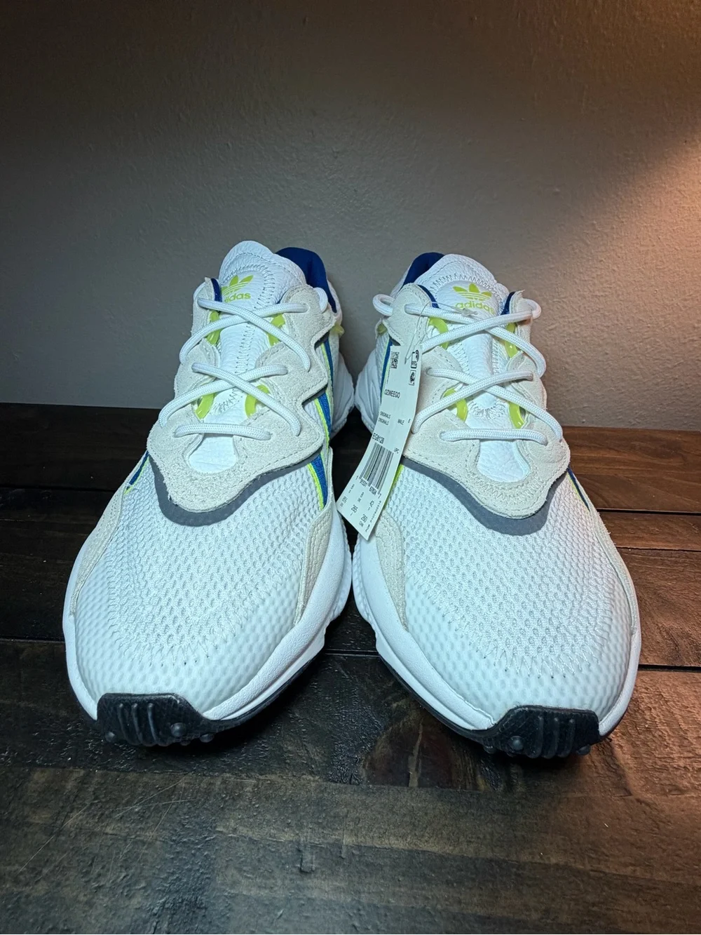 Men’s Adidas White, Blue & Neon Yellow Athletic Sneakers